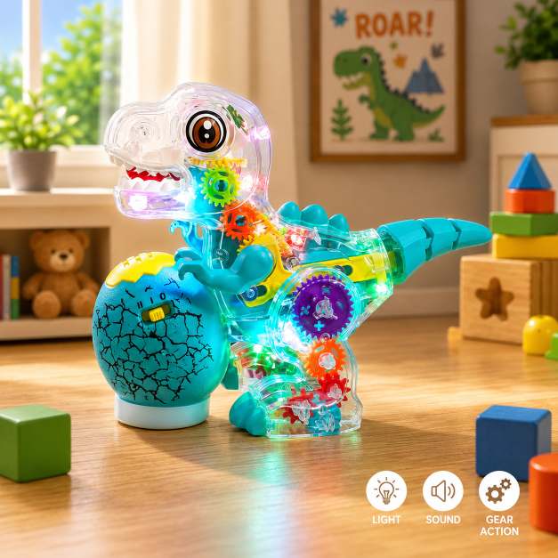 Transparent Gear Dinosaur Toy with Lights & Music